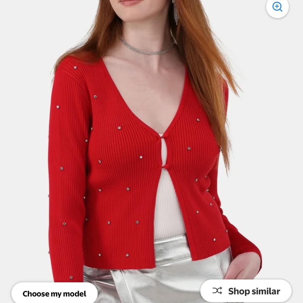 Red Ridded Sweater with Rhinestone Embellishments New size medium